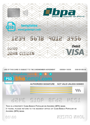 editable template, Cuba Banco Popular de Ahorro (BPA) bank visa card debit card template in PSD format, fully editable