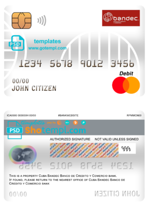 editable template, Cuba Bandec Banco de Credito y Comercio bank mastercard debit card template in PSD format, fully editable