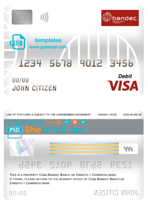 editable template, Cuba Bandec Banco de Credito y Comercio bank visa card debit card template in PSD format, fully editable