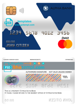editable template, Cyprus Alpha bank mastercard debit card template in PSD format, fully editable