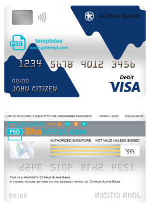 editable template, Cyprus Alpha bank visa card debit card template in PSD format, fully editable