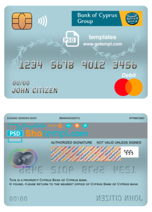 editable template, Cyprus Bank of Cyprus bank mastercard debit card template in PSD format, fully editable