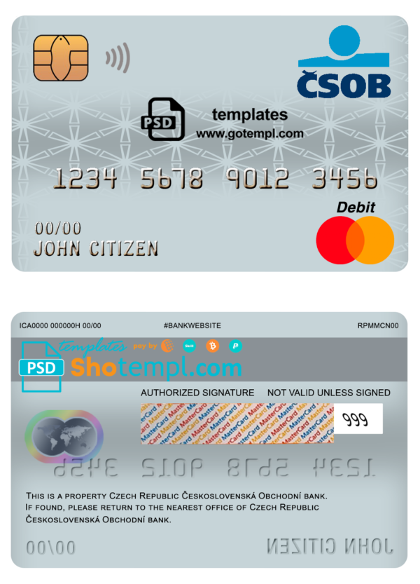 editable template, Czech Republic Československá Obchodní bank mastercard debit card template in PSD format, fully editable