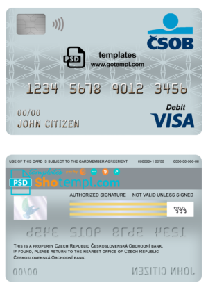 editable template, Czech Republic Československá Obchodní bank visa card debit card template in PSD format, fully editable