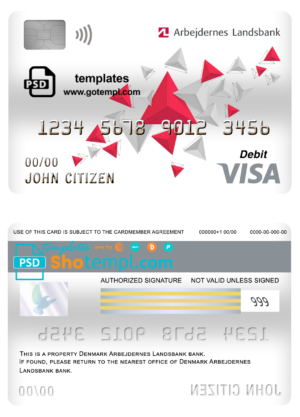 editable template, Denmark Arbejdernes Landsbank visa card debit card template in PSD format, fully editable
