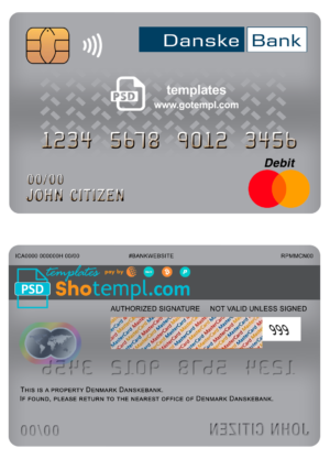 editable template, Denmark Danskebank bank mastercard debit card template in PSD format, fully editable