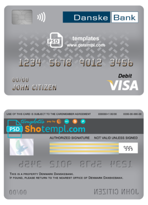 editable template, Denmark Danskebank bank visa card debit card template in PSD format, fully editable
