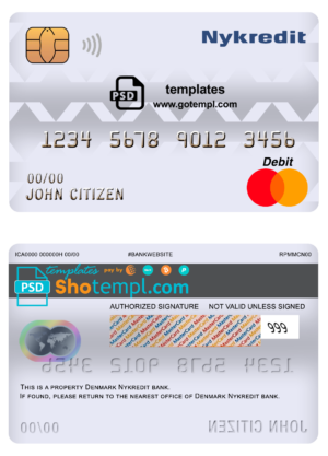 editable template, Denmark Nykredit bank mastercard debit card template in PSD format, fully editable