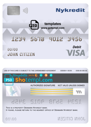 editable template, Denmark Nykredit bank visa card debit card template in PSD format, fully editable