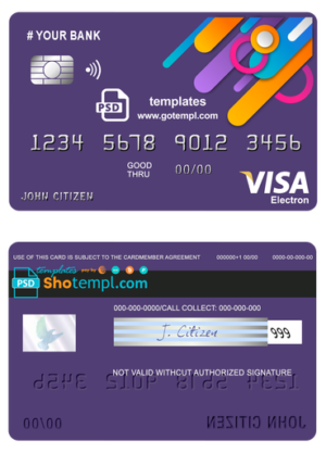 editable template, # detail line universal multipurpose bank visa electron credit card template in PSD format, fully editable