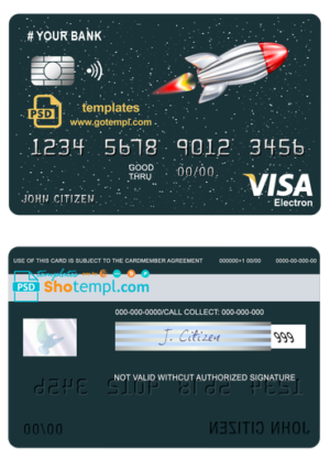 editable template, # direct rocket universal multipurpose bank visa electron credit card template in PSD format, fully editable