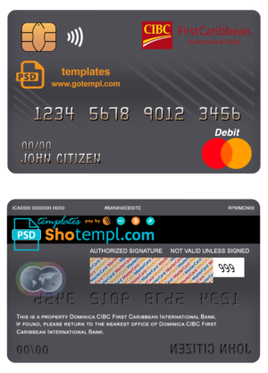 editable template, Dominica CIBC First Caribbean International bank mastercard debit card template in PSD format, fully editable