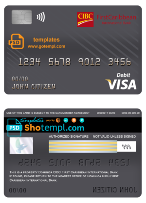 editable template, Dominica CIBC First Caribbean International bank visa card debit card template in PSD format, fully editable