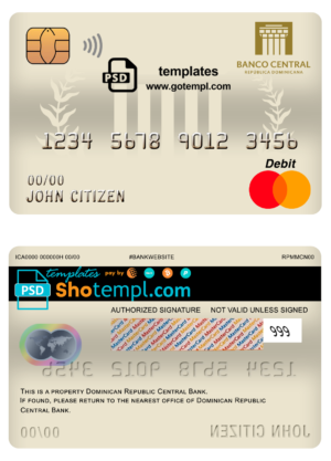 editable template, Dominican Republic Central bank Of the Dominican Republic mastercard debit card template in PSD format, fully editable