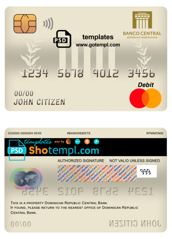 editable template, Dominican Republic Central bank Of the Dominican Republic mastercard debit card template in PSD format, fully editable
