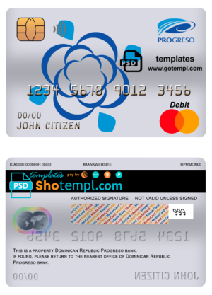 editable template, Dominican Republic Progreso bank mastercard debit card template in PSD format, fully editable