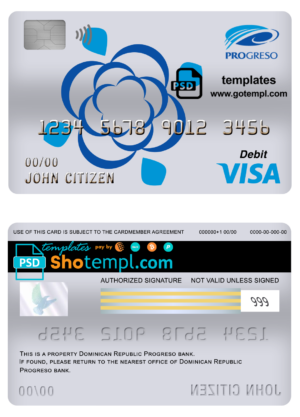editable template, Dominican Republic Progreso bank visa card debit card template in PSD format, fully editable