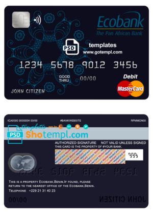 editable template, Benin Ecobank mastercard debit card template in PSD format, fully editable