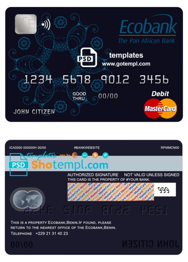 editable template, Benin Ecobank mastercard debit card template in PSD format, fully editable