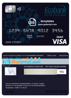 editable template, Benin Ecobank visa card debit card template in PSD format, fully editable