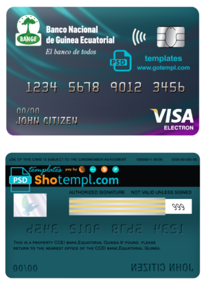 editable template, Equatorial Guinea The National Bank visa electron card template in PSD format, fully editable