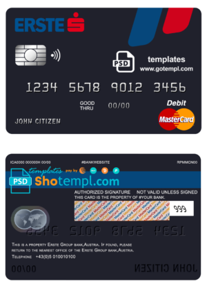 editable template, Austria Erste Group bank mastercard debit card template in PSD format, fully editable