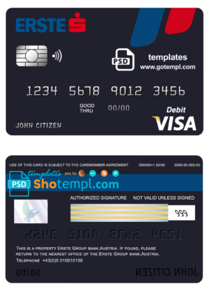 editable template, Austria Erste Group bank visa card debit card template in PSD format, fully editable