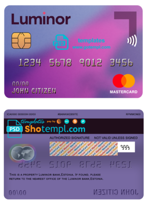 editable template, Estonia Luminor Bank mastercard template in PSD format, fully editable