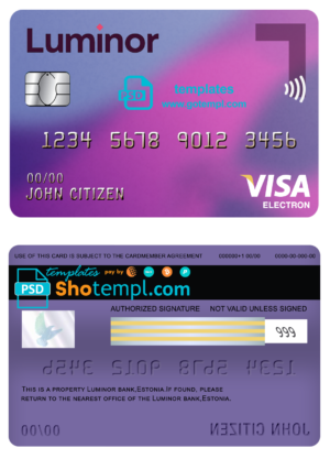 editable template, Estonia Luminor Bank visa electron card template in PSD format, fully editable