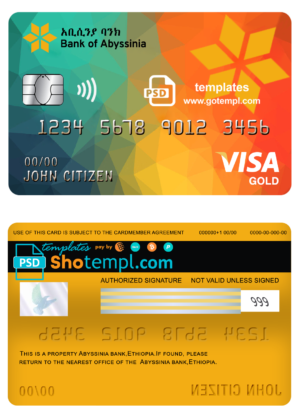 editable template, Ethiopia Bank of Abyssinia bank visa gold card template in PSD format, fully editable