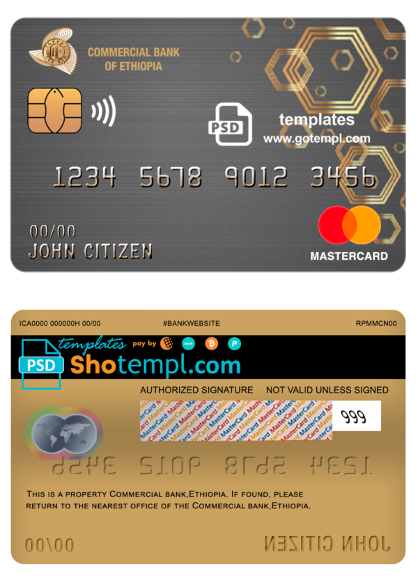 editable template, Ethiopia Commercial Bank mastercard template in PSD format, fully editable
