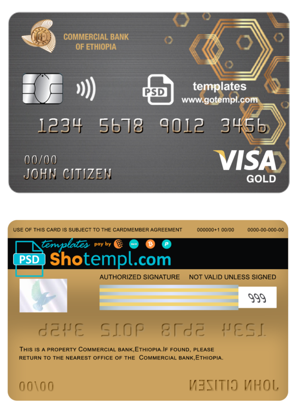 editable template, Ethiopia Commercial Bank visa gold card template in PSD format, fully editable
