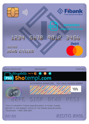 editable template, Bulgaria Fibank bank mastercard debit card template in PSD format, fully editable