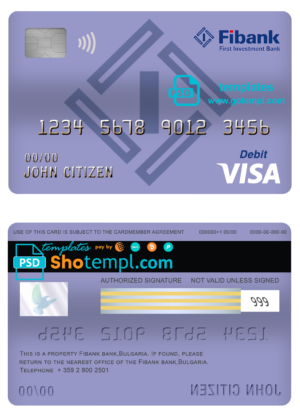 editable template, Bulgaria Fibank bank visa card debit card template in PSD format, fully editable