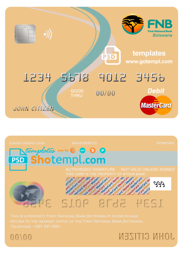 editable template, Botswana First National Bank mastercard debit card template in PSD format, fully editable