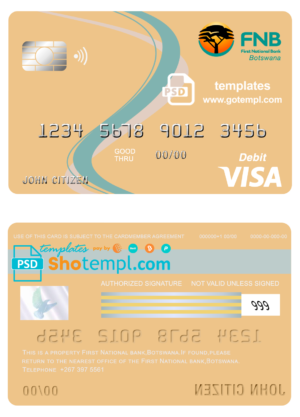 editable template, Botswana First National Bank visa card debit card template in PSD format, fully editable
