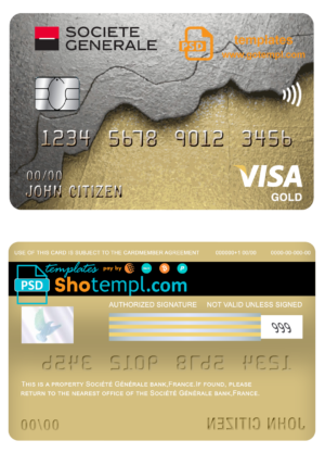 editable template, France Société Générale bank visa gold card template in PSD format, fully editable