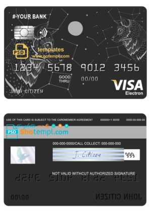 editable template, # galaxy wolf universal multipurpose bank visa electron credit card template in PSD format, fully editable
