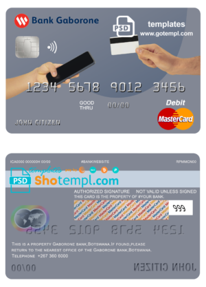 editable template, Botswana Bank Gaborone mastercard debit card template in PSD format, fully editable