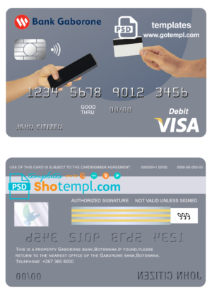 editable template, Botswana Bank Gaborone visa card debit card template in PSD format, fully editable