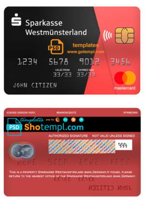 editable template, Germany Sparkasse Westmunsterland bank mastercard template in PSD format, fully editable