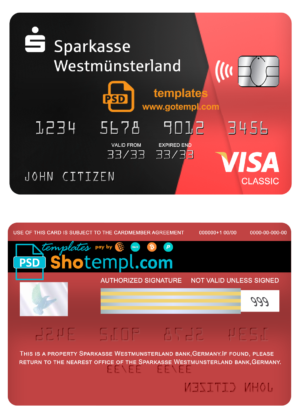 editable template, Germany Sparkasse Westmunsterland bank visa classic card template in PSD format, fully editable