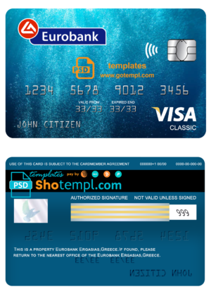 editable template, Greece Eurobank Ergasias bank visa classic card template in PSD format, fully editable