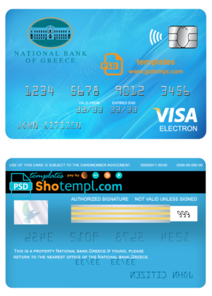 editable template, Greece National bank visa electron card template in PSD format, fully editable