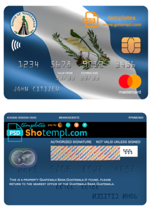 editable template, Guatemala Banco de Guatemala bank mastercard template in PSD format, fully editable