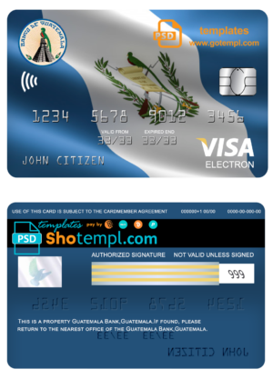 editable template, Guatemala Banco de Guatemala bank visa electron card template in PSD format, fully editable