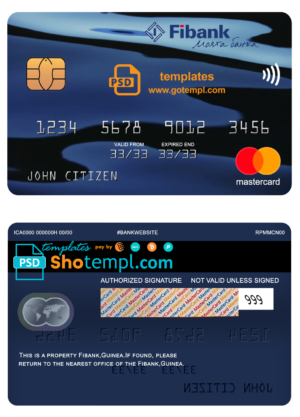 editable template, Guinea Fibank bank mastercard template in PSD format, fully editable
