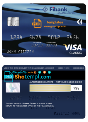editable template, Guinea Fibank bank visa classic card template in PSD format, fully editable