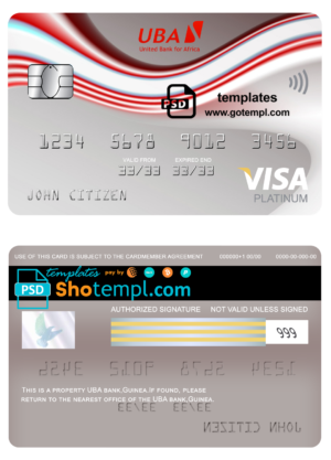 editable template, Guinea UBA bank visa platinum card template in PSD format, fully editable