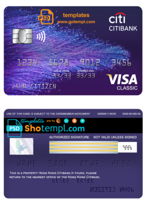 editable template, Hong Kong Citibank visa classic card template in PSD format, fully editable